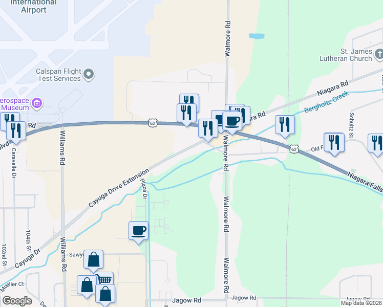 map of restaurants, bars, coffee shops, grocery stores, and more near 2212 Cayuga Drive Extension in Niagara Falls