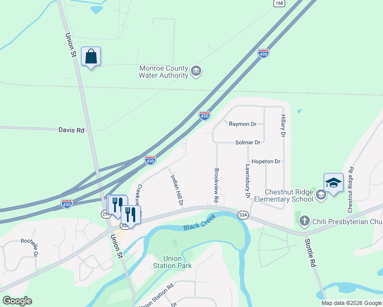 map of restaurants, bars, coffee shops, grocery stores, and more near 66 Creekview Drive in Rochester