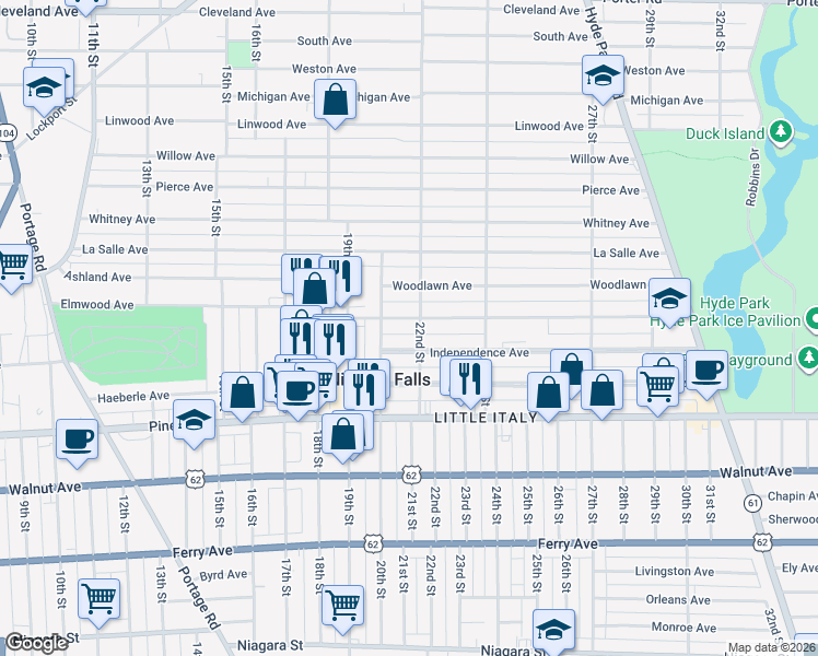 map of restaurants, bars, coffee shops, grocery stores, and more near 2032 Forest Avenue in Niagara Falls