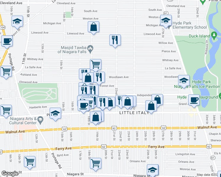 map of restaurants, bars, coffee shops, grocery stores, and more near 2032 Forest Avenue in Niagara Falls