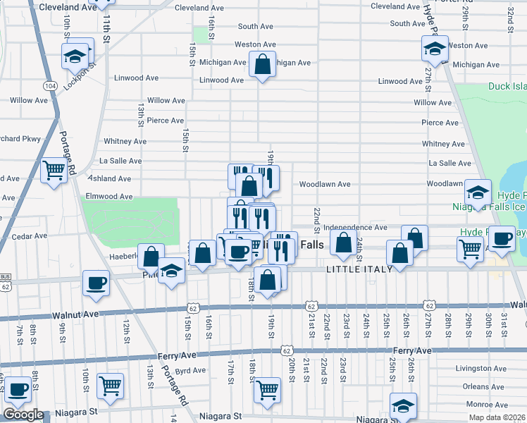 map of restaurants, bars, coffee shops, grocery stores, and more near 834 19th Street in Niagara Falls