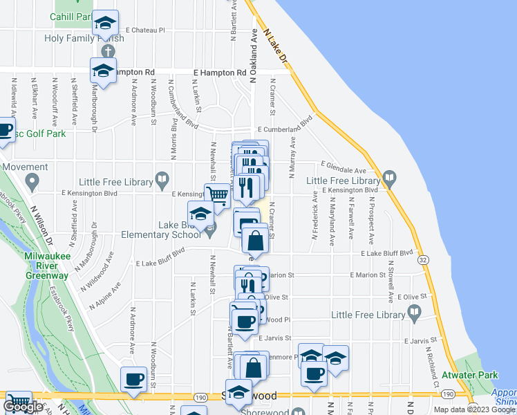 map of restaurants, bars, coffee shops, grocery stores, and more near 4483 North Cramer Street in Shorewood