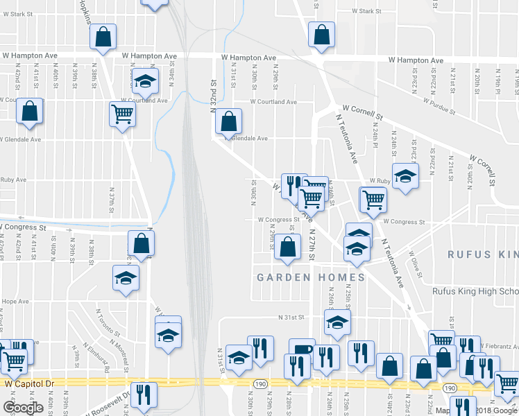 map of restaurants, bars, coffee shops, grocery stores, and more near 4435 North 29th Street in Milwaukee