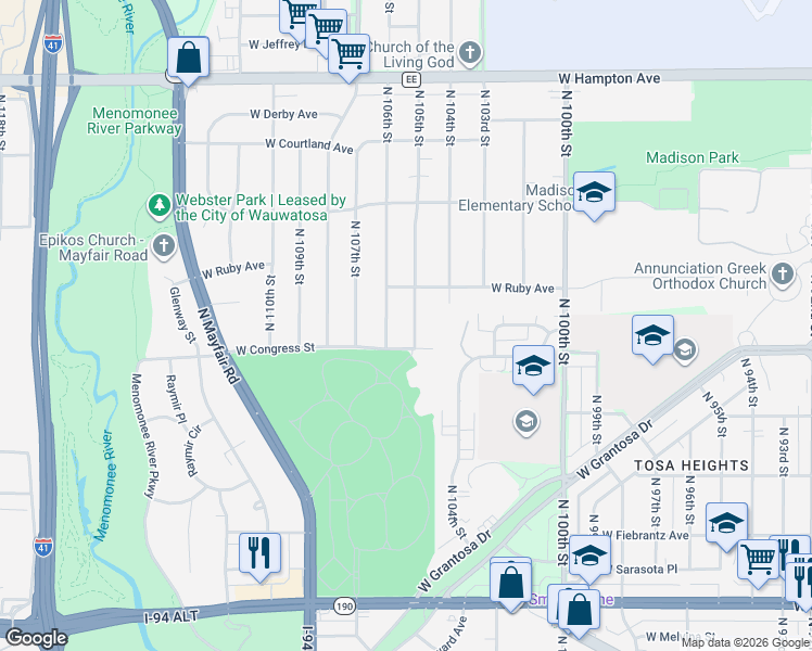 map of restaurants, bars, coffee shops, grocery stores, and more near 4441 North 105th Street in Wauwatosa