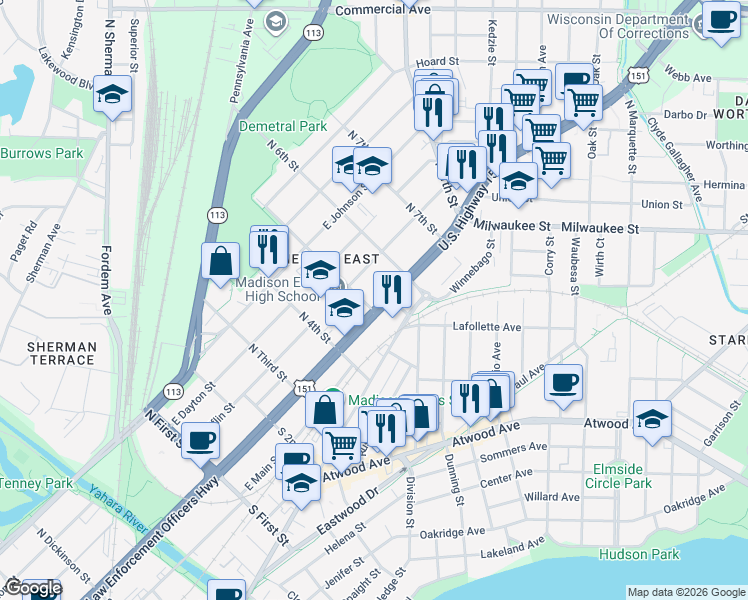 map of restaurants, bars, coffee shops, grocery stores, and more near 2326 East Washington Avenue in Madison