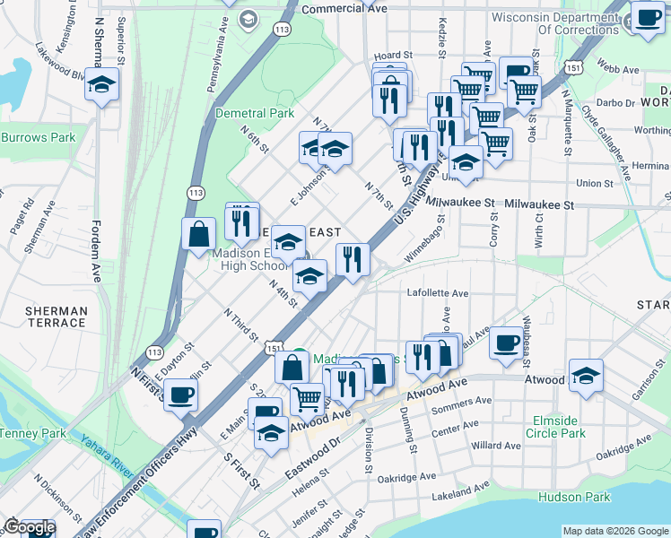 map of restaurants, bars, coffee shops, grocery stores, and more near 2326 East Washington Avenue in Madison