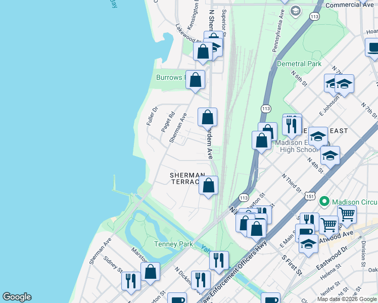 map of restaurants, bars, coffee shops, grocery stores, and more near 55 South Lakewood Garden Lane in Madison