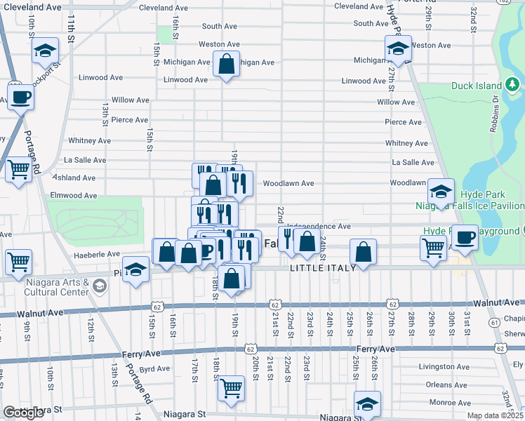 map of restaurants, bars, coffee shops, grocery stores, and more near 2007 Forest Avenue in Niagara Falls