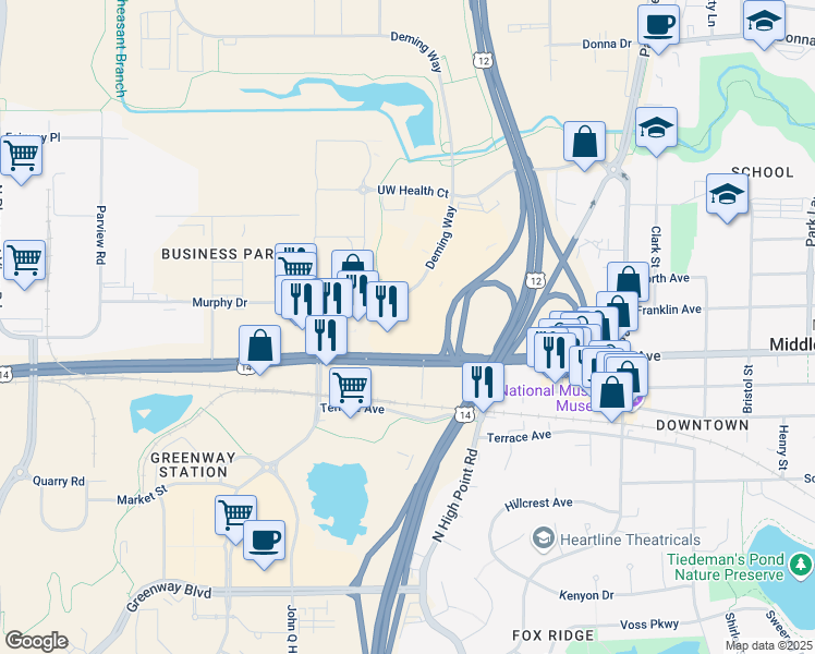 map of restaurants, bars, coffee shops, grocery stores, and more near 2237 Deming Way in Middleton