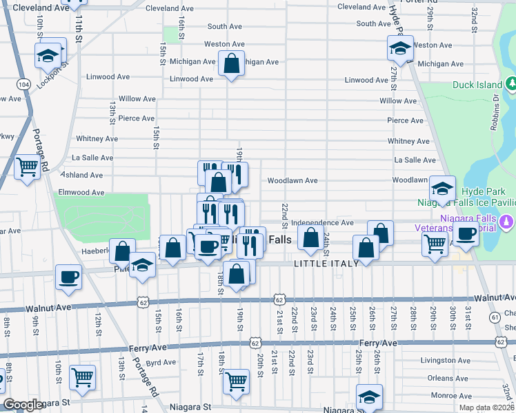 map of restaurants, bars, coffee shops, grocery stores, and more near 1927 Forest Avenue in Niagara Falls
