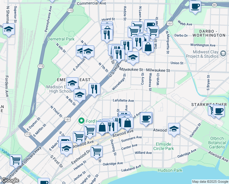 map of restaurants, bars, coffee shops, grocery stores, and more near 119 Division Street in Madison