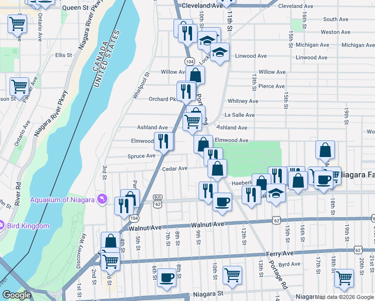 map of restaurants, bars, coffee shops, grocery stores, and more near 803 Elmwood Avenue in Niagara Falls