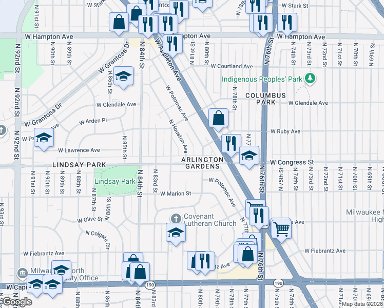 map of restaurants, bars, coffee shops, grocery stores, and more near 4416 North Houston Avenue in Milwaukee