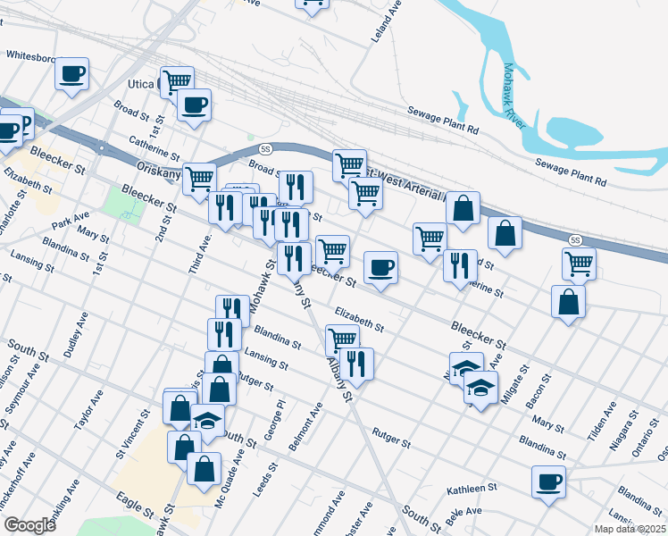 map of restaurants, bars, coffee shops, grocery stores, and more near 769 Bleecker Street in Utica