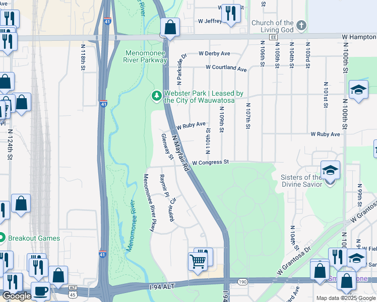 map of restaurants, bars, coffee shops, grocery stores, and more near 4400 North Mayfair Road in Wauwatosa