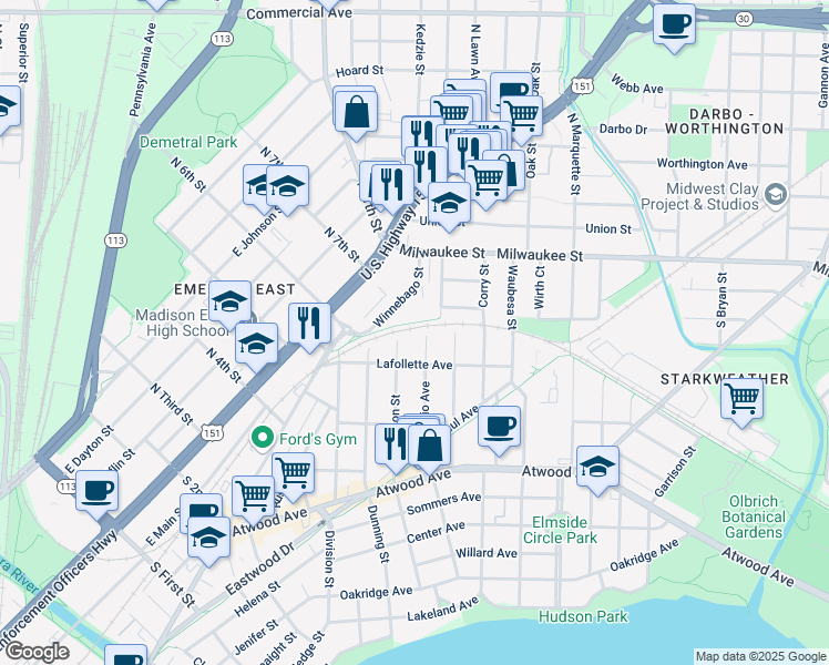 map of restaurants, bars, coffee shops, grocery stores, and more near 121 Division St in Madison