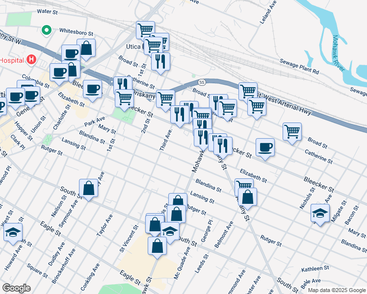 map of restaurants, bars, coffee shops, grocery stores, and more near 634 Elizabeth Street in Utica