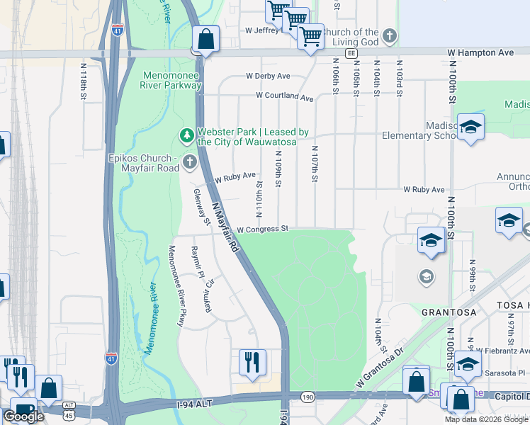 map of restaurants, bars, coffee shops, grocery stores, and more near 4429 North 109th Street in Wauwatosa
