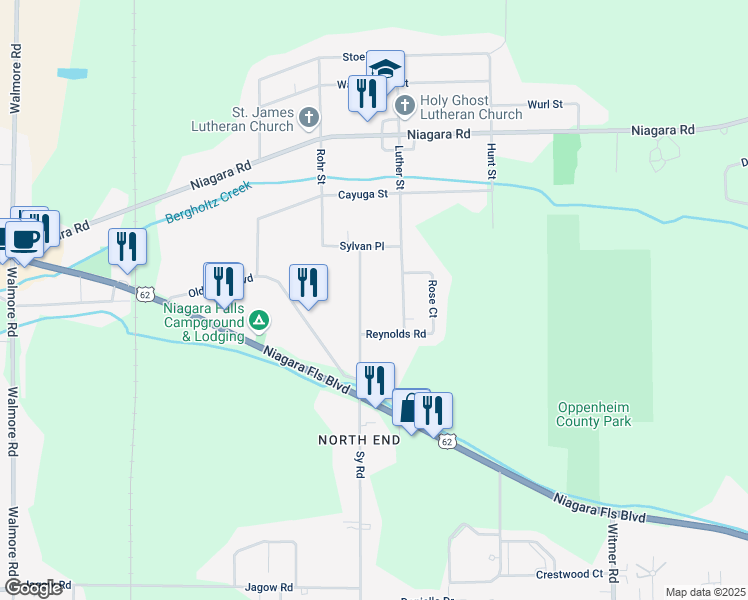 map of restaurants, bars, coffee shops, grocery stores, and more near 6741 Sy Road in Niagara Falls