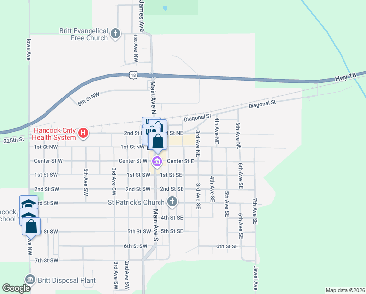map of restaurants, bars, coffee shops, grocery stores, and more near 100 2nd Avenue Northeast in Britt