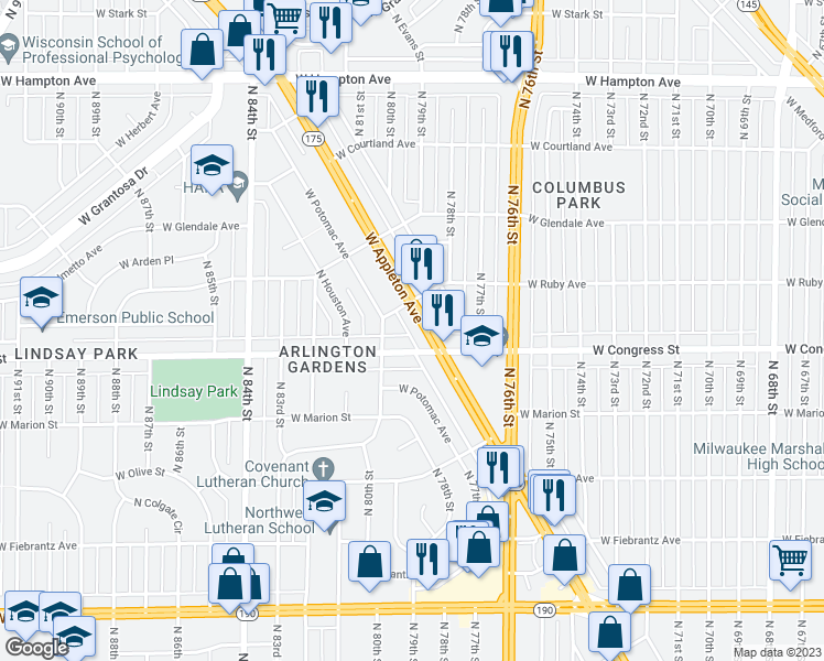 map of restaurants, bars, coffee shops, grocery stores, and more near 7841 West Appleton Avenue in Milwaukee
