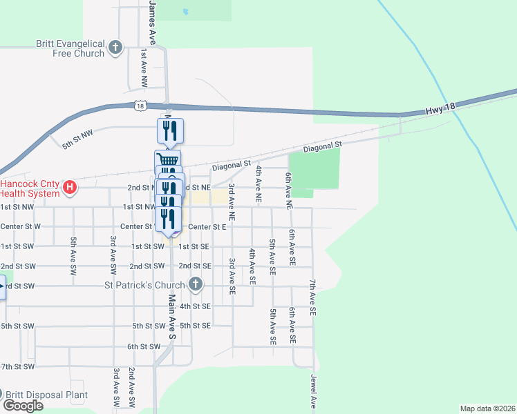 map of restaurants, bars, coffee shops, grocery stores, and more near 100 4th Avenue Northeast in Britt