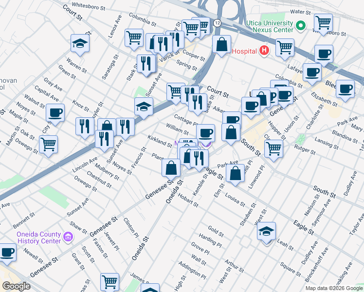 map of restaurants, bars, coffee shops, grocery stores, and more near 1214 Hart Street in Utica