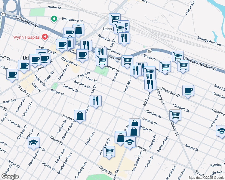 map of restaurants, bars, coffee shops, grocery stores, and more near 505 Mary Street in Utica