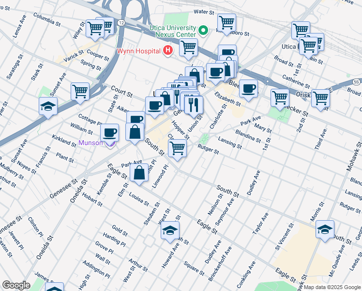 map of restaurants, bars, coffee shops, grocery stores, and more near 1 Clark Place in Utica