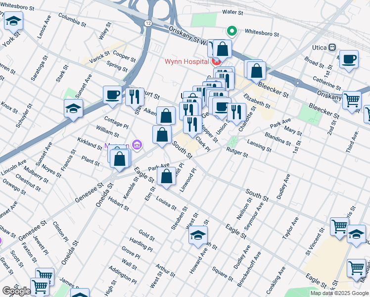 map of restaurants, bars, coffee shops, grocery stores, and more near 1013 King Street in Utica