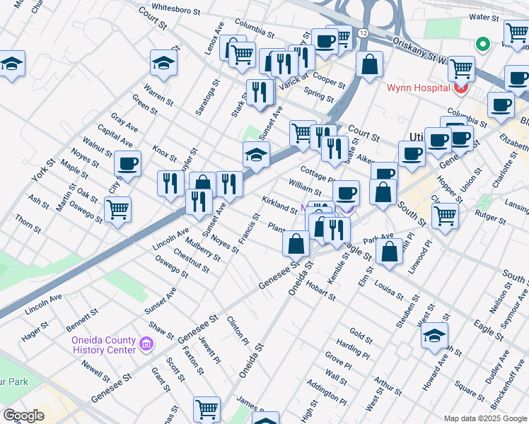 map of restaurants, bars, coffee shops, grocery stores, and more near 623 Kirkland Street in Utica