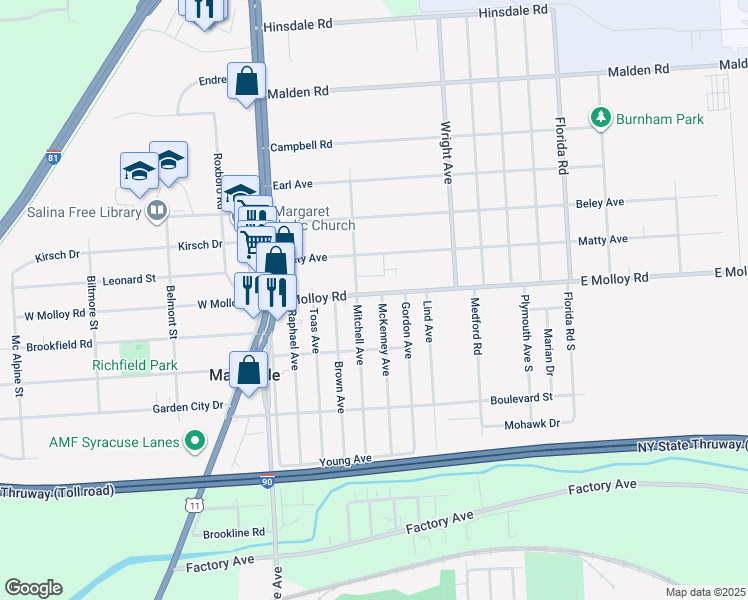 map of restaurants, bars, coffee shops, grocery stores, and more near in Mattydale