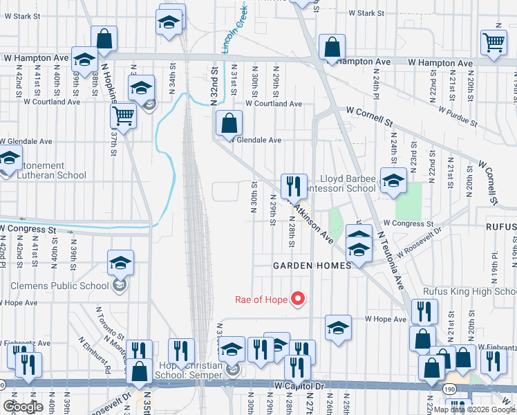 map of restaurants, bars, coffee shops, grocery stores, and more near 4435 North 29th Street in Milwaukee