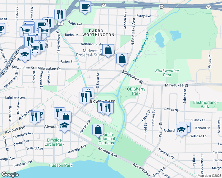 map of restaurants, bars, coffee shops, grocery stores, and more near 3311 Ivy Street in Madison