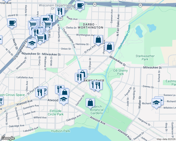 map of restaurants, bars, coffee shops, grocery stores, and more near 3205 James Street in Madison