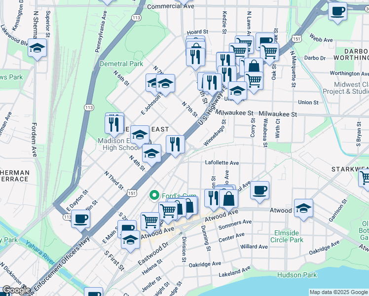map of restaurants, bars, coffee shops, grocery stores, and more near 2402 Winnebago Street in Madison