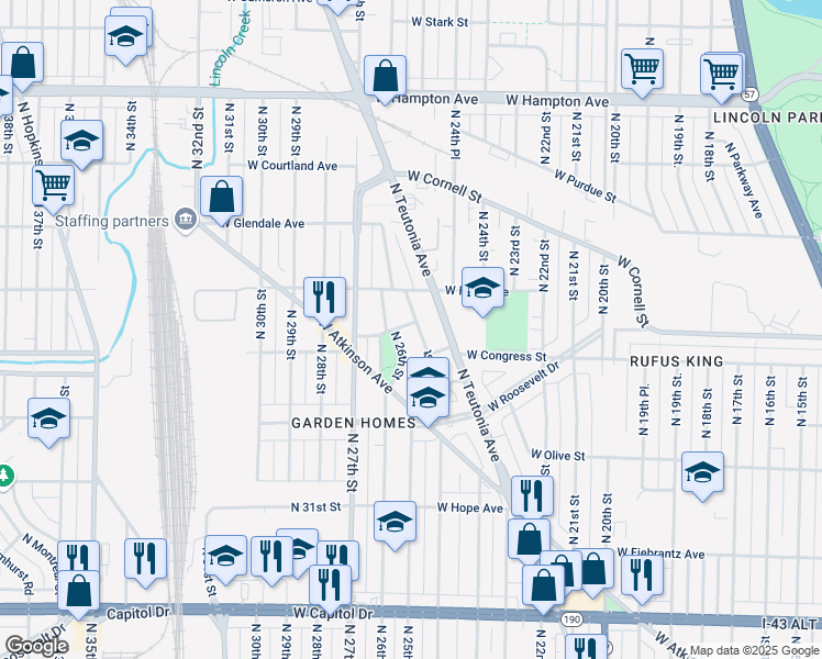 map of restaurants, bars, coffee shops, grocery stores, and more near 4437-4441 North 25th Street in Milwaukee