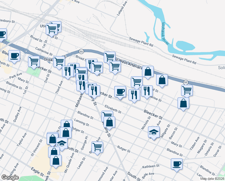 map of restaurants, bars, coffee shops, grocery stores, and more near 404 Hubbell Street in Utica