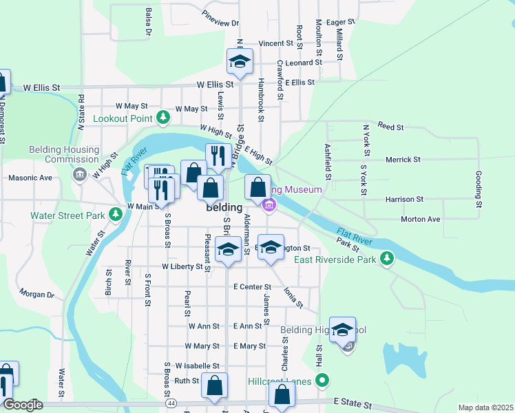 map of restaurants, bars, coffee shops, grocery stores, and more near 302 East Main Street in Belding