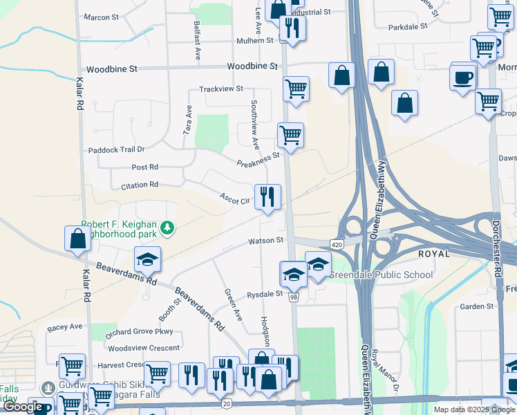 map of restaurants, bars, coffee shops, grocery stores, and more near 7768 Ascot Circle in Niagara Falls