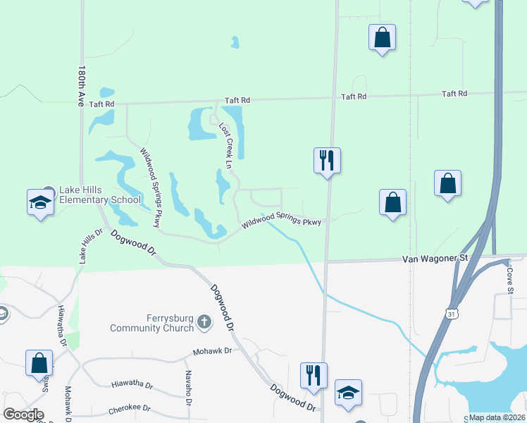 map of restaurants, bars, coffee shops, grocery stores, and more near 17798 Woodcreek Lane in Spring Lake