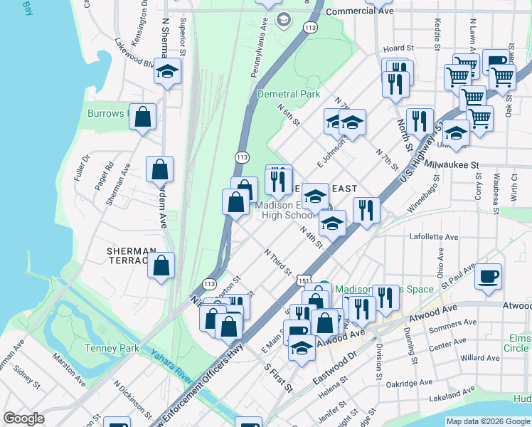 map of restaurants, bars, coffee shops, grocery stores, and more near 2134 East Johnson Street in Madison