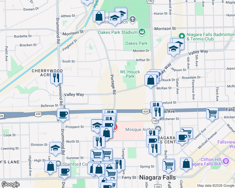 map of restaurants, bars, coffee shops, grocery stores, and more near 5796 Valley Way in Niagara Falls