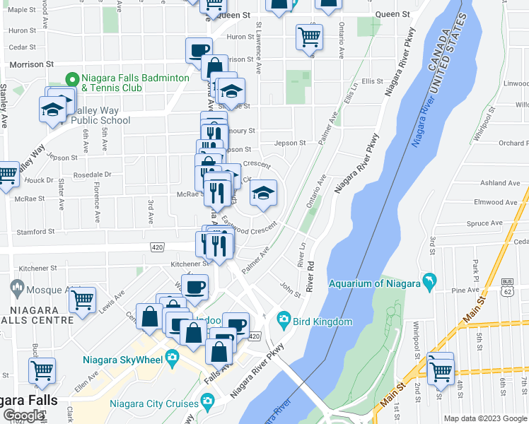 map of restaurants, bars, coffee shops, grocery stores, and more near Epworth Circle in Niagara Falls