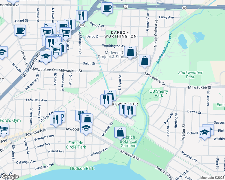 map of restaurants, bars, coffee shops, grocery stores, and more near 3141 James Street in Madison