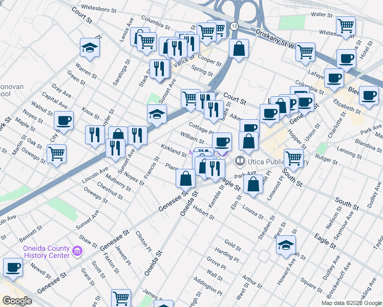 map of restaurants, bars, coffee shops, grocery stores, and more near 1214 Hart Street in Utica