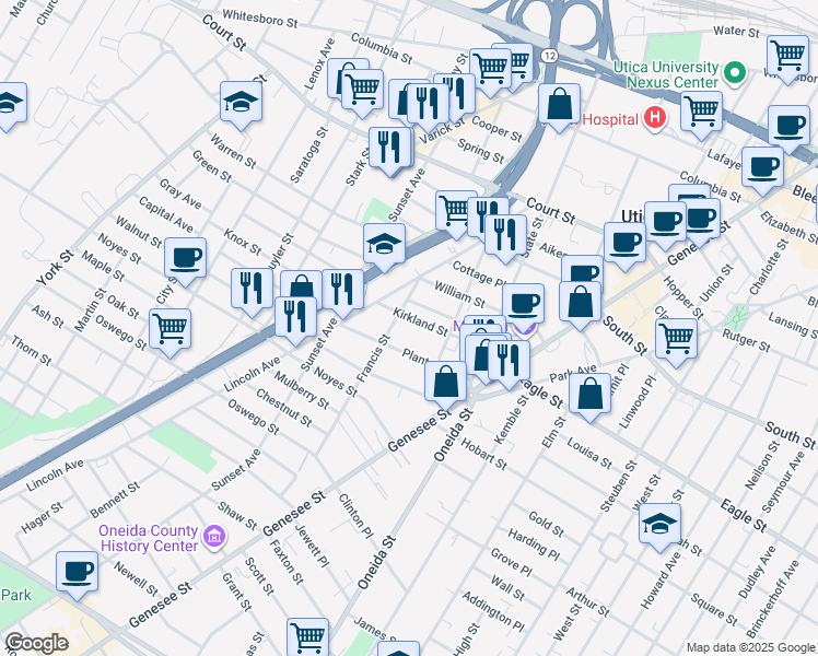 map of restaurants, bars, coffee shops, grocery stores, and more near 623 Kirkland Street in Utica