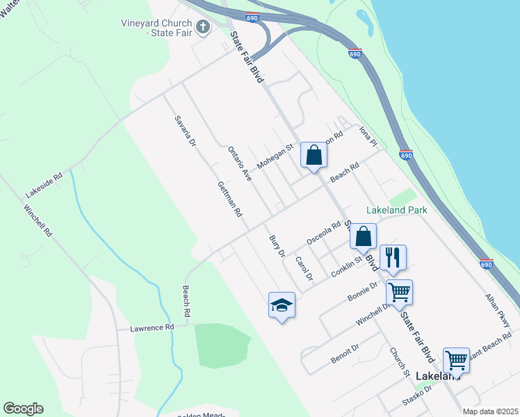 map of restaurants, bars, coffee shops, grocery stores, and more near 102 Ontario Avenue in Syracuse