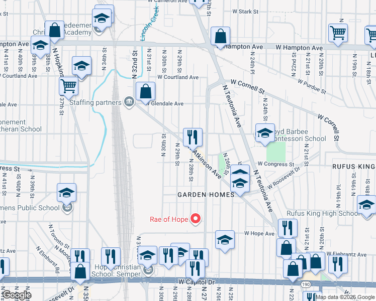 map of restaurants, bars, coffee shops, grocery stores, and more near 4444 North 28th Street in Milwaukee