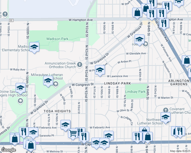 map of restaurants, bars, coffee shops, grocery stores, and more near 9026 West Lawrence Avenue in Milwaukee